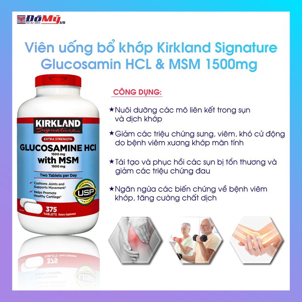 Viên hỗ trợ xương khớp 375v Kirkland Glucosamin HCL 1500mg With MSM 1500mg