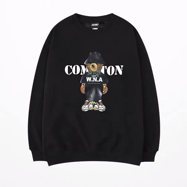 Áo sweater unisex, áo sweater form rộng, áo nỉ sweater Nelly Heybig chính hãng streetstyle in hình gấu cute màu đen S1