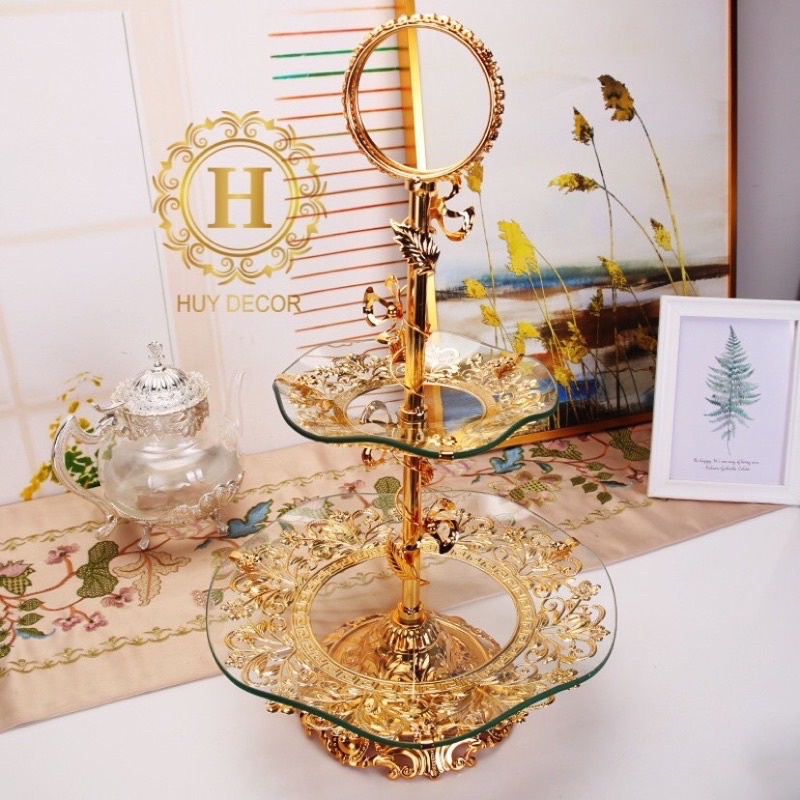 Khay bánh kẹo hoa quả 2 tầng trang trí