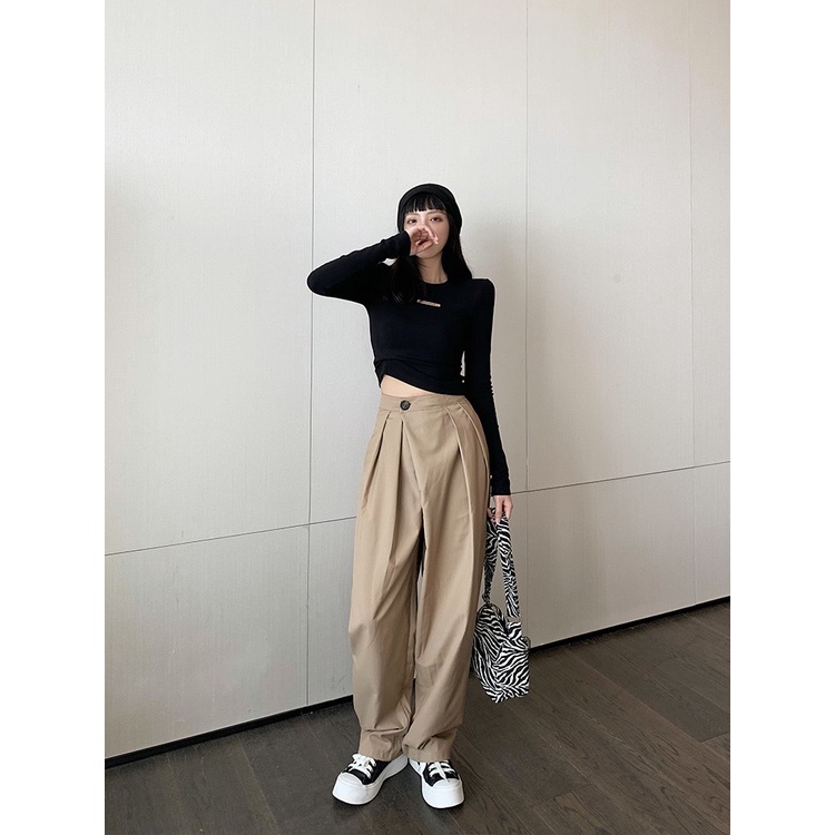 Quần ulzzang dáng rộng xếp ly lệch bên