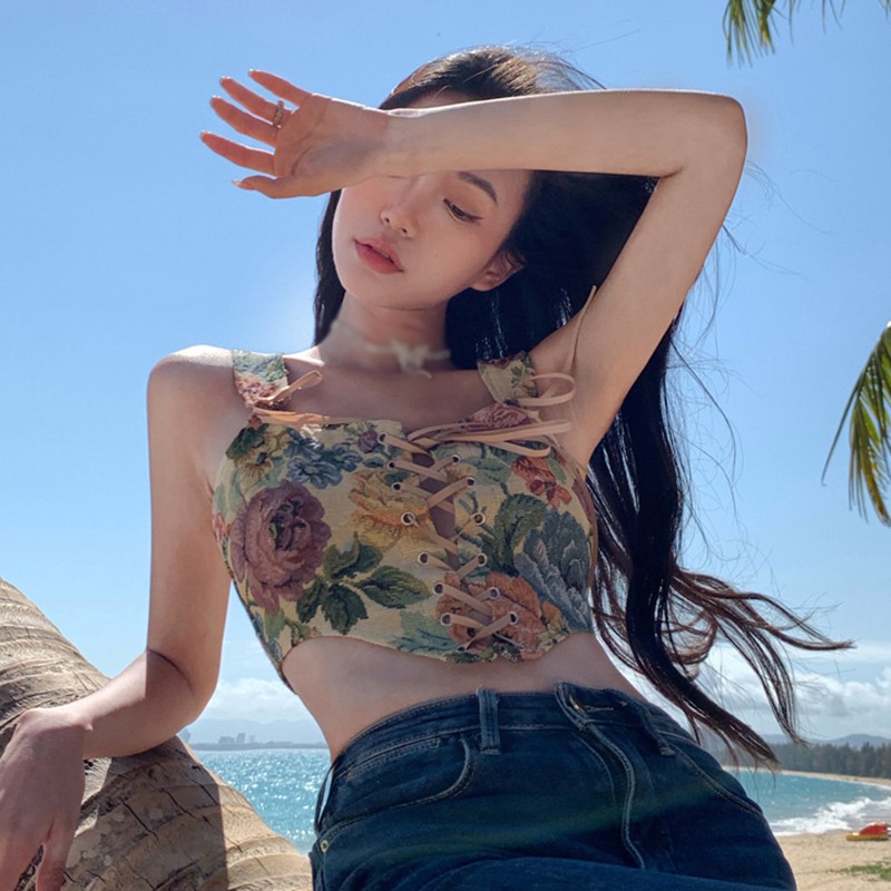 Áo Croptop Hai Dây In Họa Tiết Phong Cách Hàn Quốc Quyến Rũ Dễ Điều Chỉnh Cho Nữ