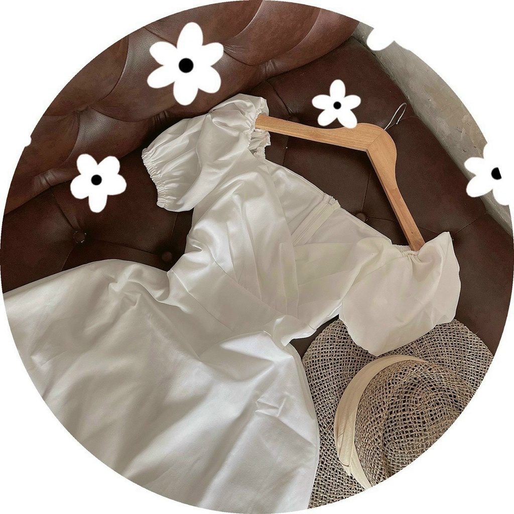 ĐẦM TRẮNG CHÉO CỔ V TAY PHỒNG VIBED