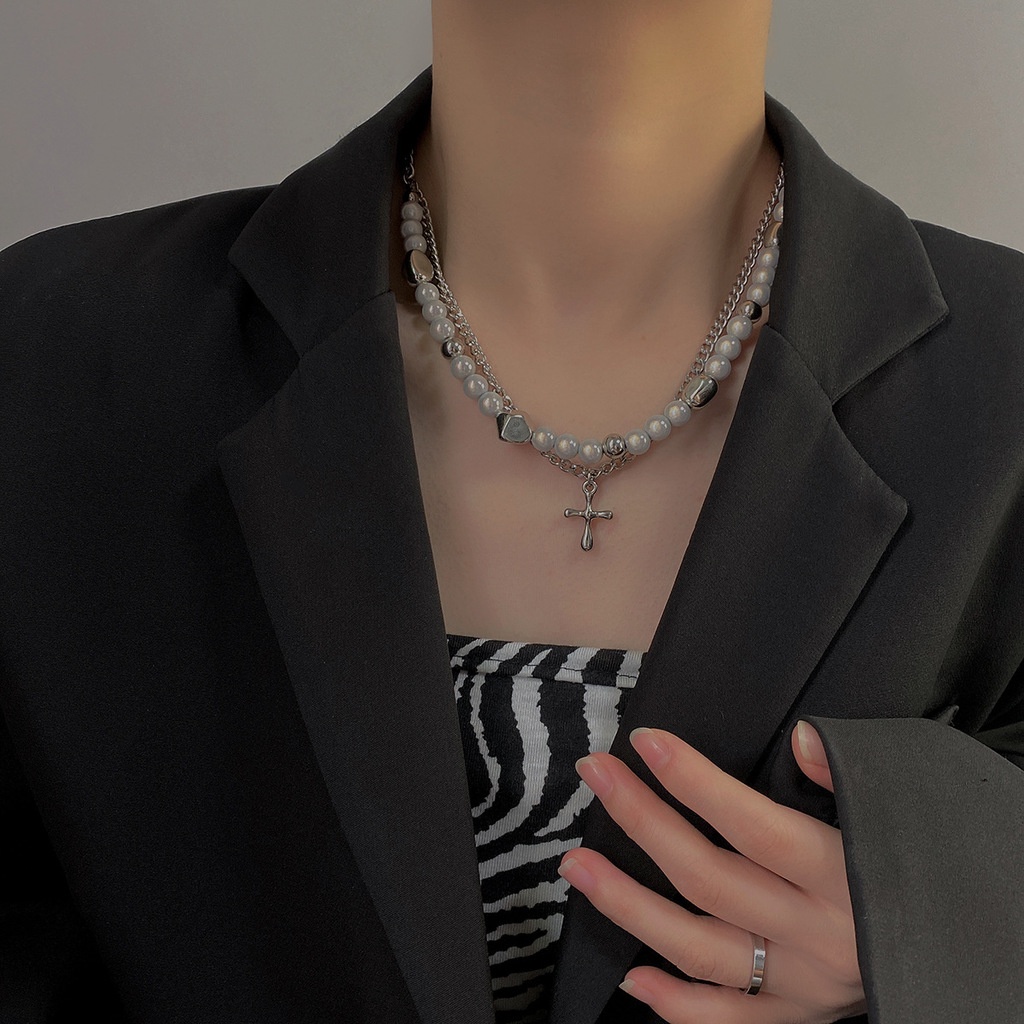 Vòng cổ Thép Titan Mặt Ngọc Trai Phản Quang Phong Cách Âu Mỹ Cho Nữ