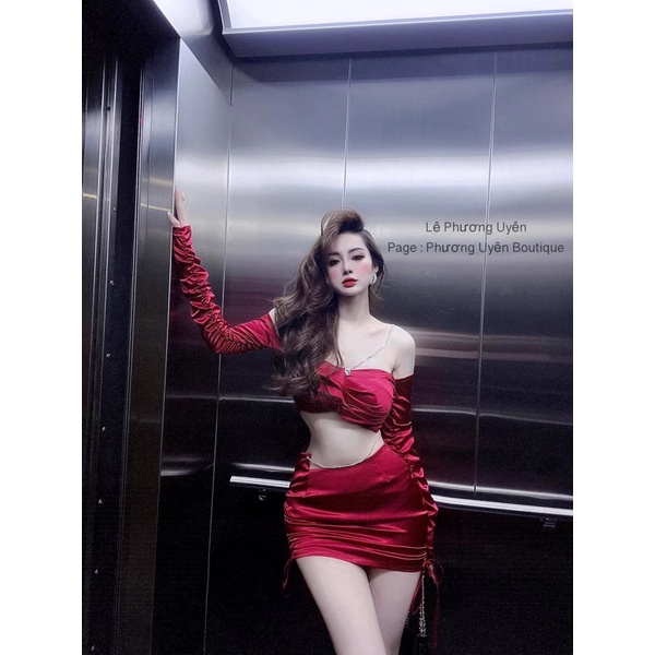 Set áo trễ vai kết đá + Chân váy rút dây