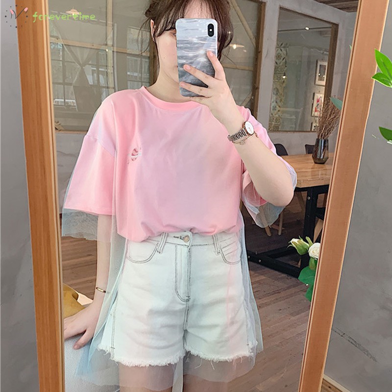 Womens Mesh Short Sleeve Round Collar Embroidery T-shirt Tee Top for Summer Party