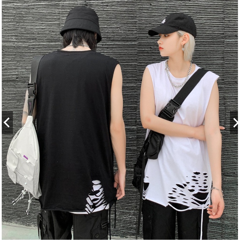 Áo tanktop rách tà trơn, áo ba lỗ rách nam nữ unisex form rộng.