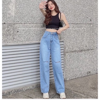 👉Baggy Jeans Lưng Cao Ống Suông Rách Gối