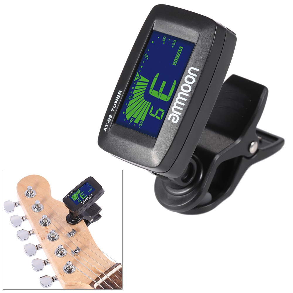 Ĩ ammoon AT-02 Electric Tuner Clip-on Three Colors Backlit Screen for Guitar Chromatic Bass Ukulele Universal Portable