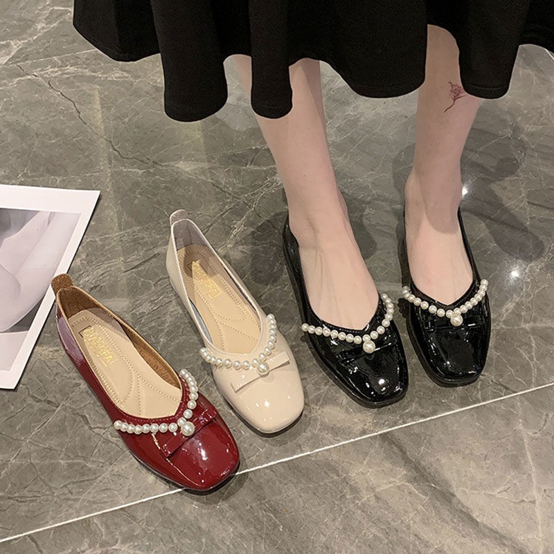 Giày búp bê gót dày cổ thấp đính ngọc trai thời trang mùa xuân cho nữ