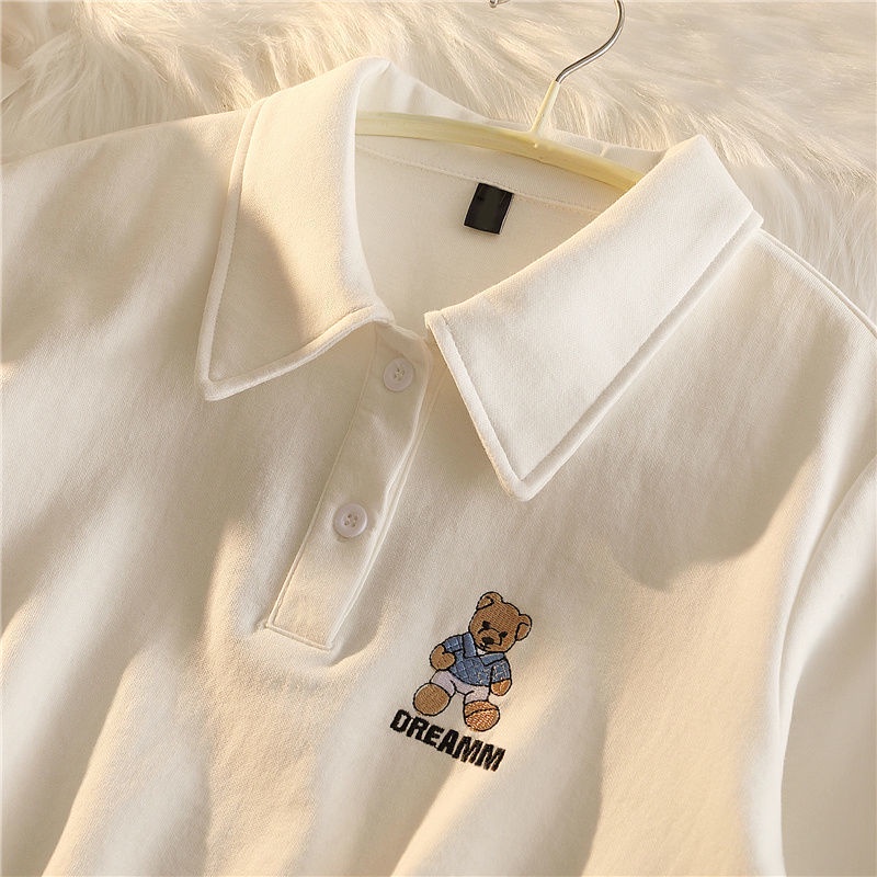 Áo Thun polo Tay Ngắn Dáng Rộng In Hình Gấu Dễ Thương Cho Nữ