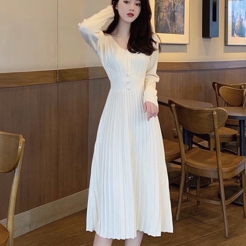 Đầm thu đông nữ cổ v dáng xoè, đầm len nữ xoè xếp ly cổ tim dài qua gối chất đẹp 2022
