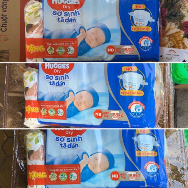 (Tặng khăn ướt) Combo 3 bịch tả dán sơ sinh size NB-58+2 Huggies (cho bé dưới 5Kg)