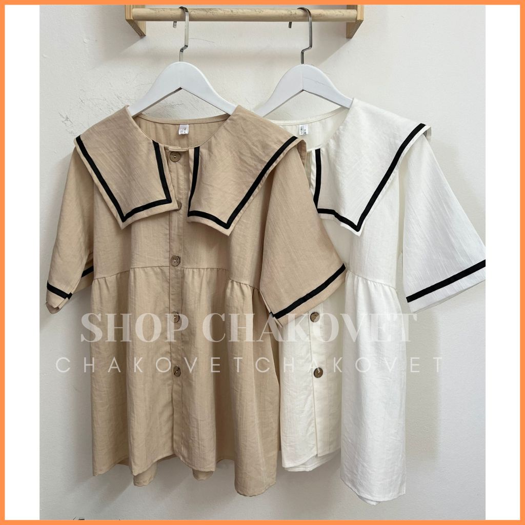 Áo sơ mi nữ tay ngắn học sinh công sở A8386 Áo kiểu dáng babydoll Hàn Quốc cổ thủy thủ viền đen phong cách vintage