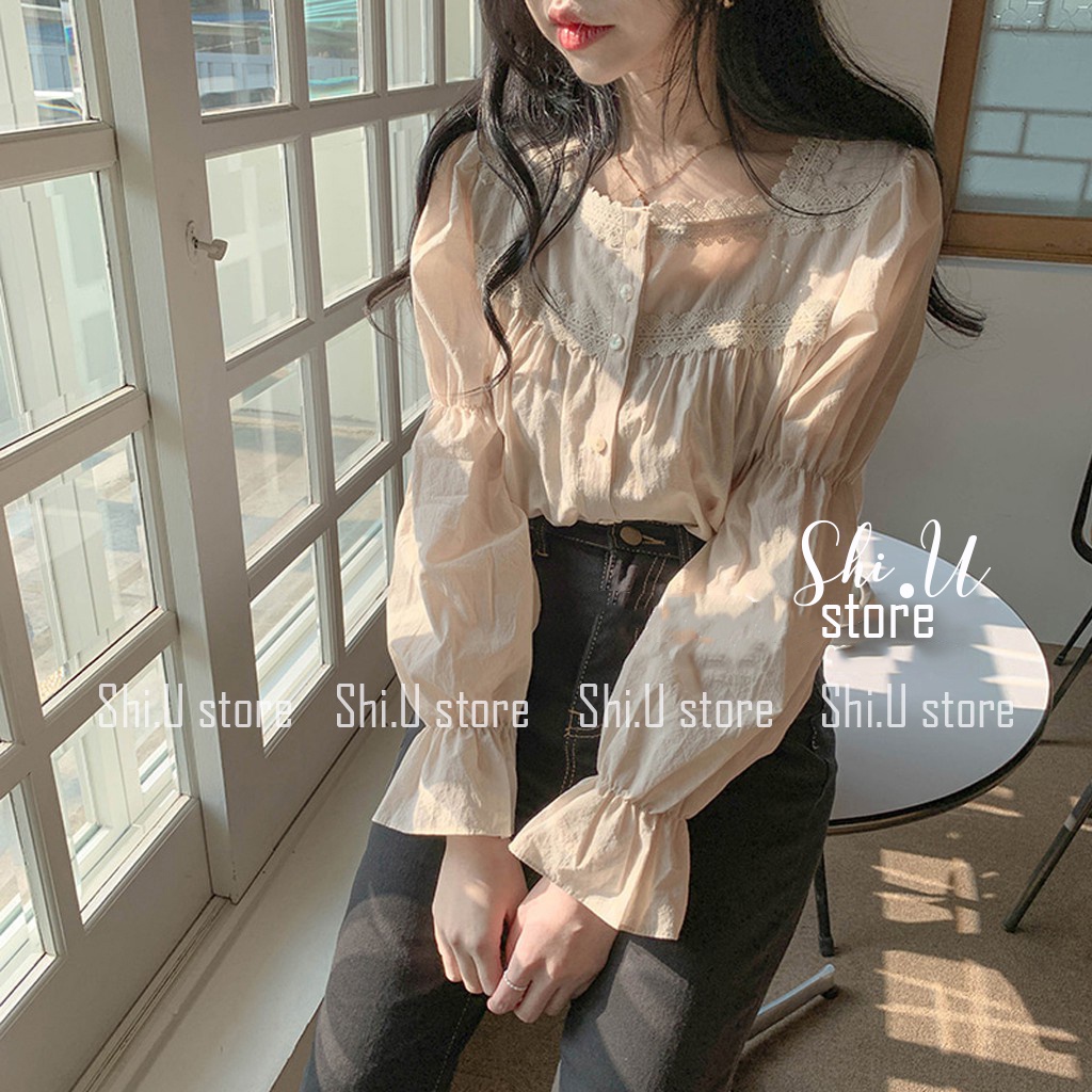 Áo kiểu nữ babydoll dài tay cổ vuông thêu ren bèo tay 2 màu ulzzang xinh xắn