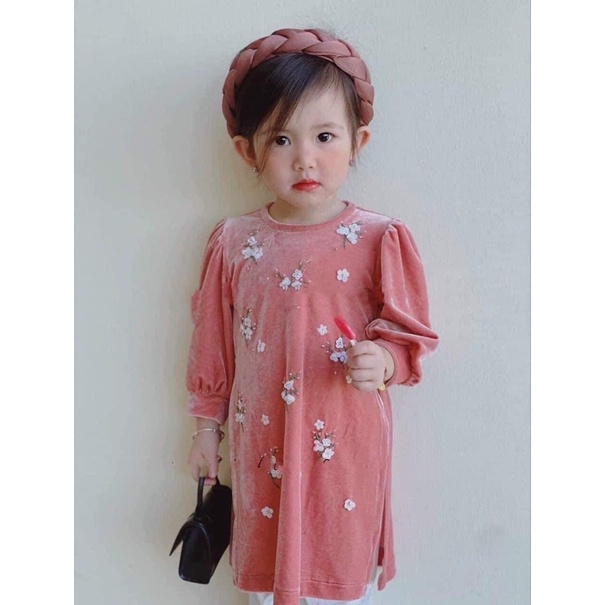 Set áo dài 2 màu đỏ, hồng cho bé 3 chi tiết Tết 2022