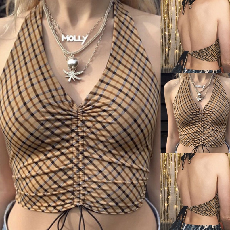 Áo Croptop Hai Dây Cổ Chữ V Hở Lưng Họa Tiết Sọc Caro Phong Cách Quyến Rũ