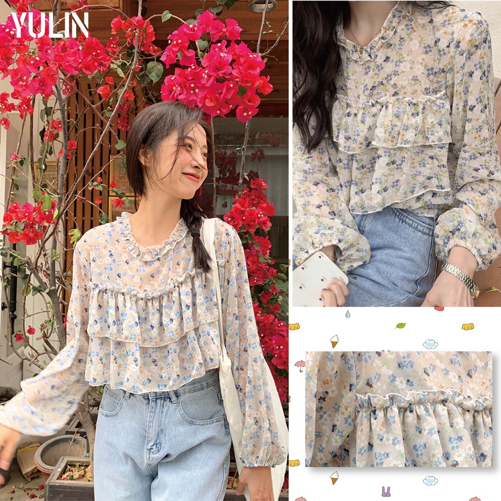 Áo Sơ Mi Chiffon Tay Dài Nhún Bèo In Họa Tiết Hoa Chất Lượng Cao Phong Cách Hàn Quốc Cổ Điển Thời Trang Mùa Hè Mới Cho Nữ 2021