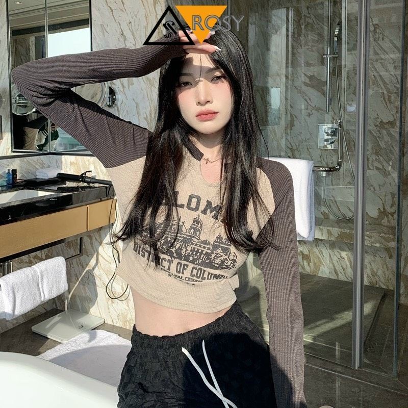 Áo croptop tay dài in hình màu sắc lạ mắt cá tính