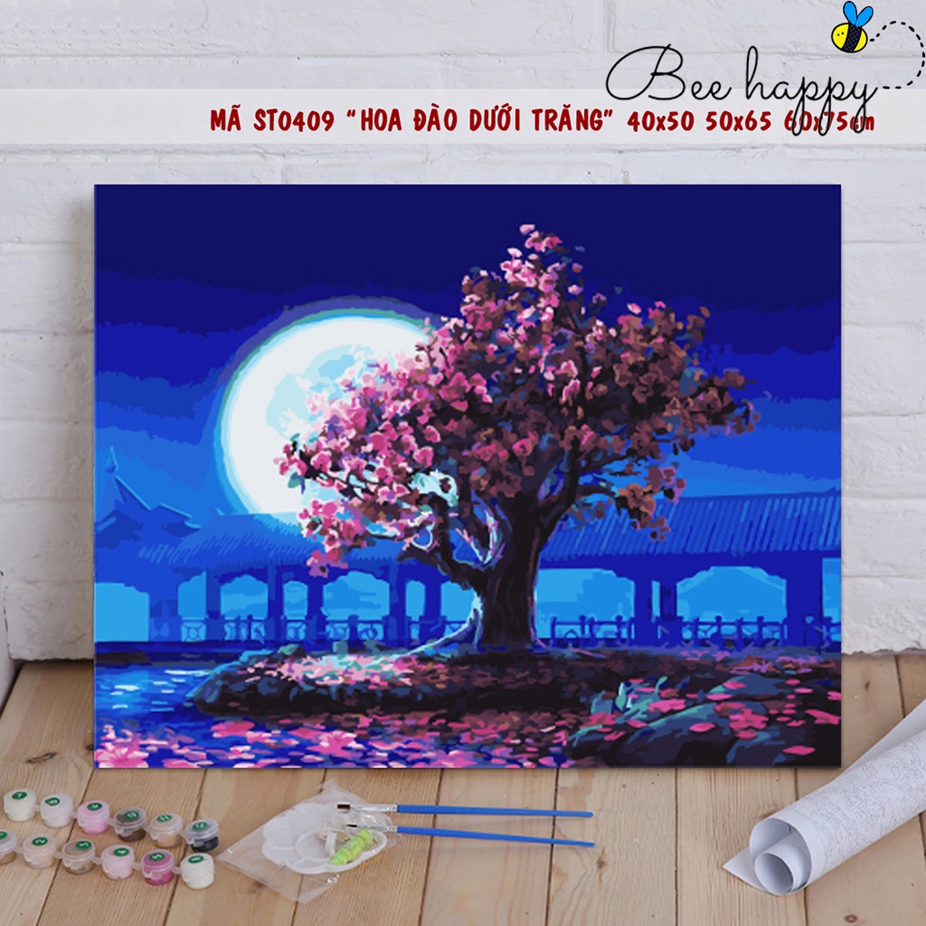 Tranh tự tô sơn dầu số hoá phong cảnh BEE HAPYY - Mã ST0409 Cây hoa đào dưới trăng