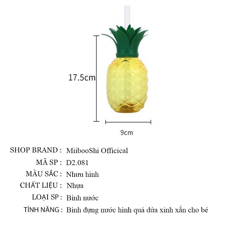 Bình nước hình quả dứa cho bé kèm ống hút dung tích 500ml chất liệu nhựa cao cấp an toàn MiibooShi D2.081
