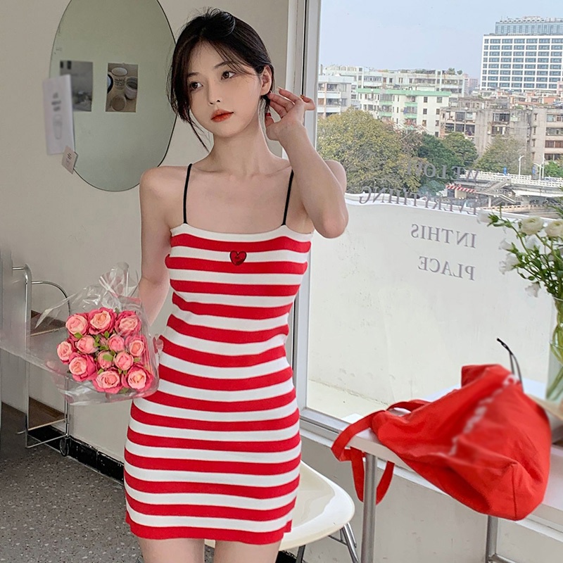 Đầm Dệt Kim Hai Dây Dáng Ôm Họa Tiết Kẻ Sọc Thời Trang Mùa Hè Quyến Rũ Cho Nữ