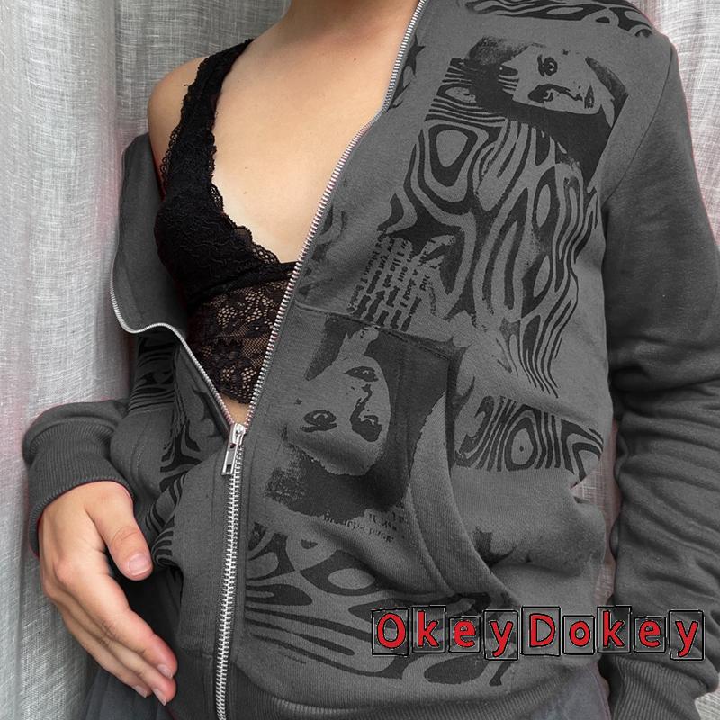OKDK-y2k Women’s Full Zip Hoodies Fashion Portrait Print Long Sleeve Loose Sweatshirt Tops