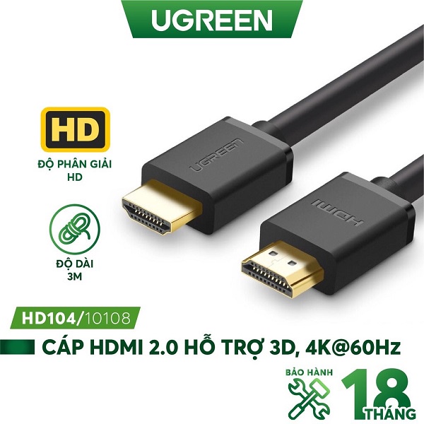 Cáp HDMI 2.0 Tròn Dẻo Hỗ Trợ 4K Ugreen HD104 Chính Hãng, bảo hành 18 tháng