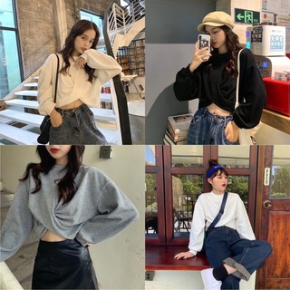 ÁO CROPTOP NỈ XOẮN EO DÀI TAY XÁM ĐEN TRẮNG BASIC - ÁO SWEATER TAY DÀI XOẮN EO 3 MÀU HOT