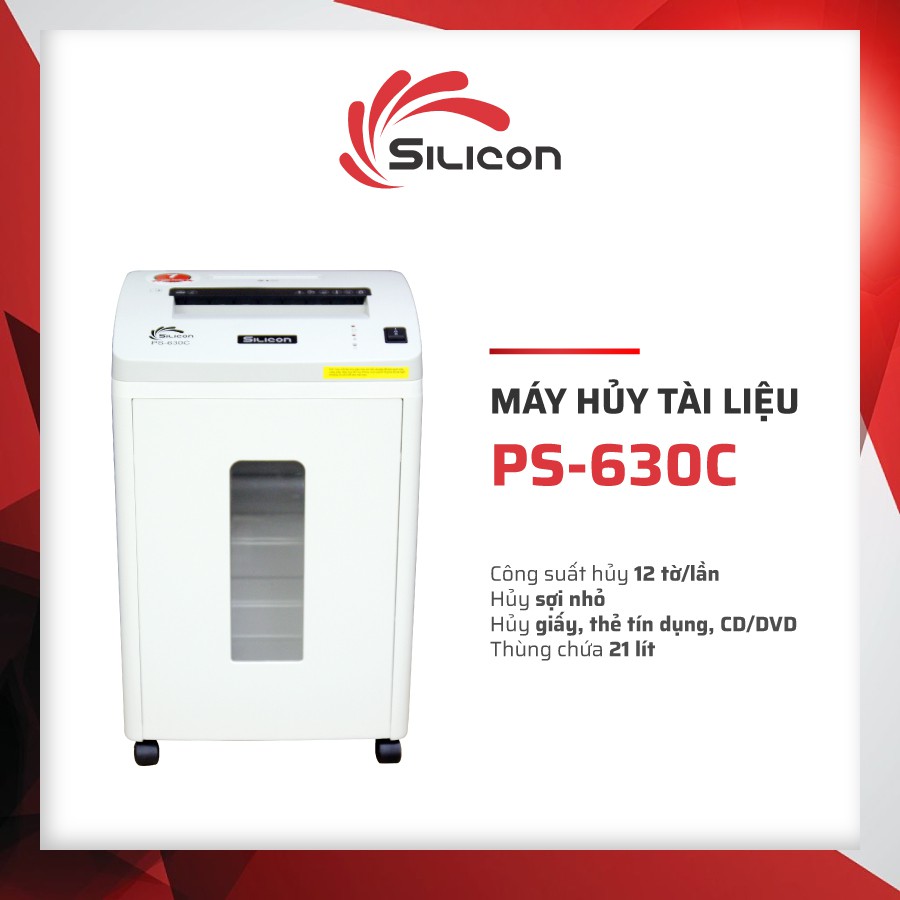 Máy huỷ tài liệu Silicon PS-630C (hủy 12 tờ/lần, hủy sợi nhỏ 4x50mm, thùng 21 Lít , hủy CD/DVD, thẻ tín dụng, gim bấm) )