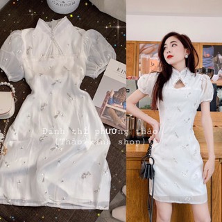Đầm trắng thêu hoa cổ tàu tay phồng cutout ngực viền ren (ảnh thật)