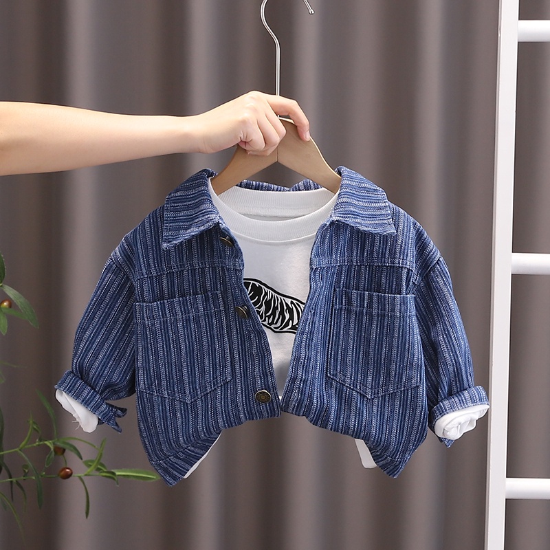 Áo Khoác Denim Bóng Chày Kẻ Sọc Dọc Màu Trơn Kích Thước 80-120cm Phong Cách Hàn Quốc Mới Cho Bé Trai / Gái