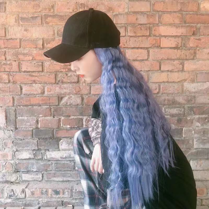 Mũ lưỡi trai gắn tóc giả xoăn dài co giãn nhiều màu tùy chọn