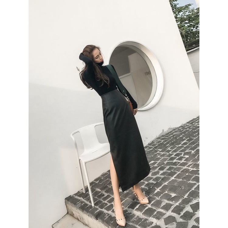 Chân Váy Da Dáng Dài Ôm Hông Xẻ Tà Một Bên Eo Cao Thời Trang Xuân Thu 2022