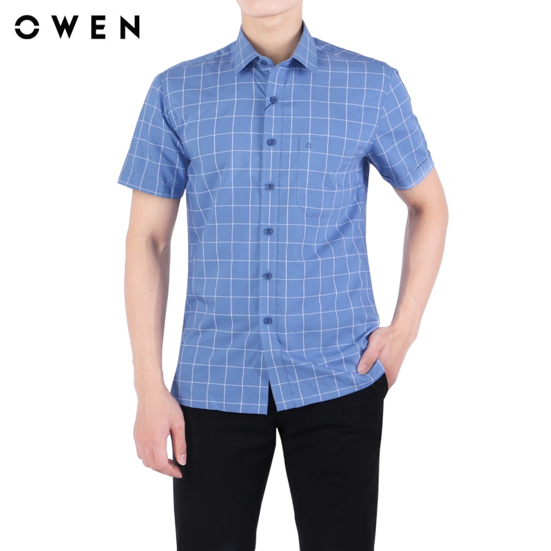 Áo sơ mi Ngắn tay Owen Body Fit màu Xanh trắng - BA23407N