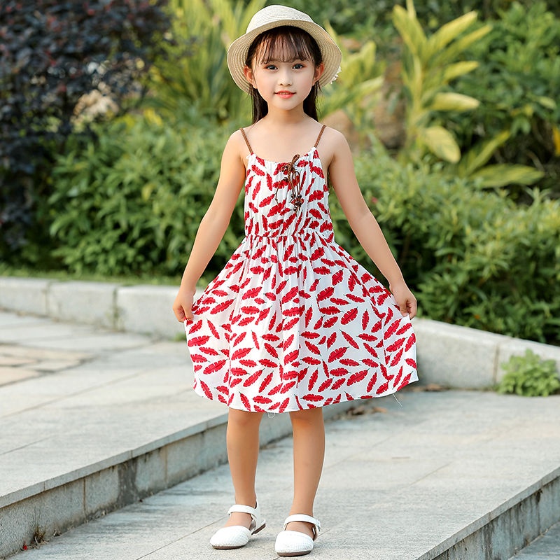 Summer new girl's print dress little girl's foreign style suspender skirt Korean children's skirt