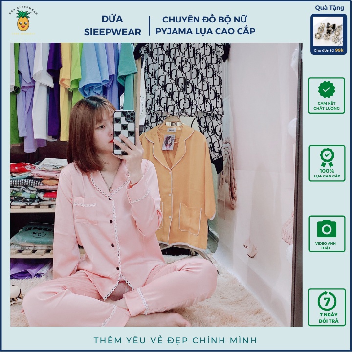 Đồ bộ mặc nhà dài tay quần dài, đồ bộ pyjama lụa đồ ngủ nữ chất liệu lụa tằm cao cấp mềm mịn Full size M L XL (40-63kg)