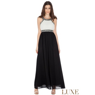 Đầm tiệc dạ hội CK cổ yếm kết cườm vnxk maxi beaded prom dress voan chiffon dáng dài Calvin Klein xuất khẩu dư xịn