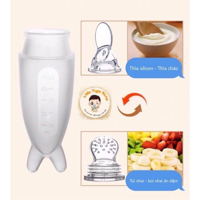 Bình Thìa Ăn Dặm Cá Heo Silicon Tặng Kèm Túi Nhai Hoa Quả Cho Bé