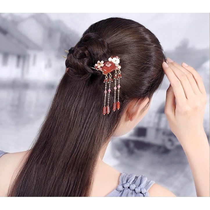 TD040 Trâm cài tóc gắn đá đồng điếu màu xanh và màu đỏ