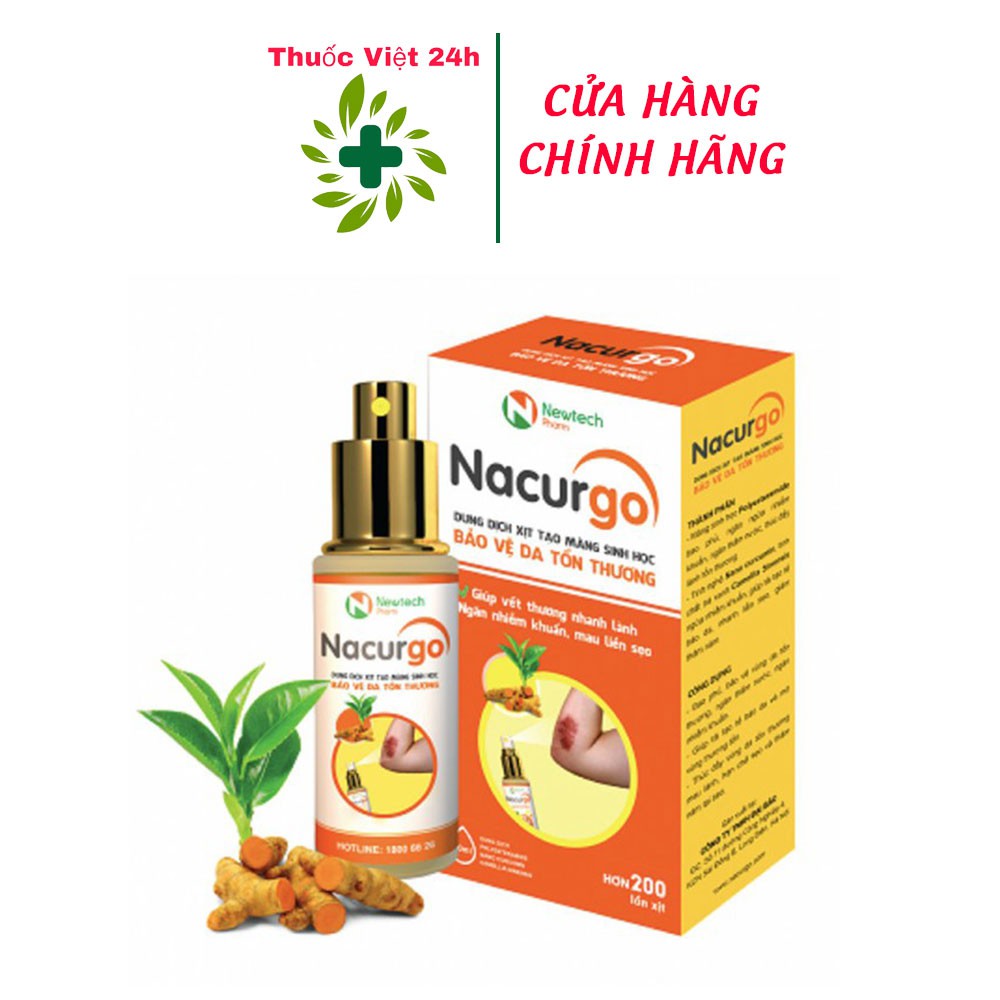 Băng vết thương dạng xịt Nacurgo giúp làm lành vết thương, hạn chế để lại sẹo, giảm thâm nám, chống oxy hóa và bảo vệ tế