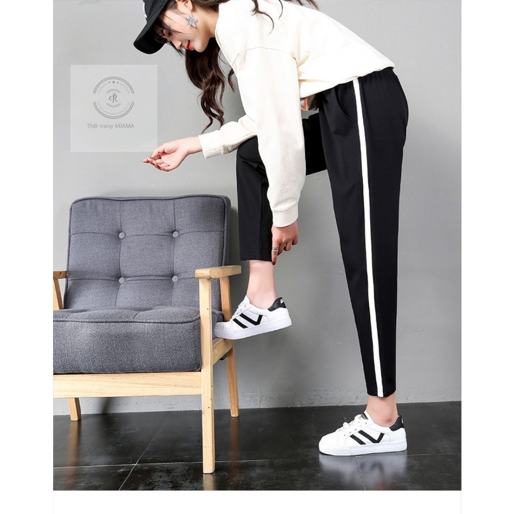 Quần thể thao nữ dài 1 sọc viền trắng màu đen ống bo thun  Quần jogger nữ dây rút Có túi Dãn Đai chun mặc tập gym đi học