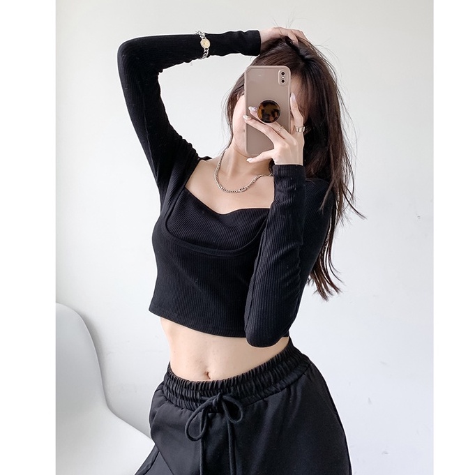 【Cocory】Áo croptop dệt kim form ôm tay dài trẻ trung hợp thời trang cho nữ