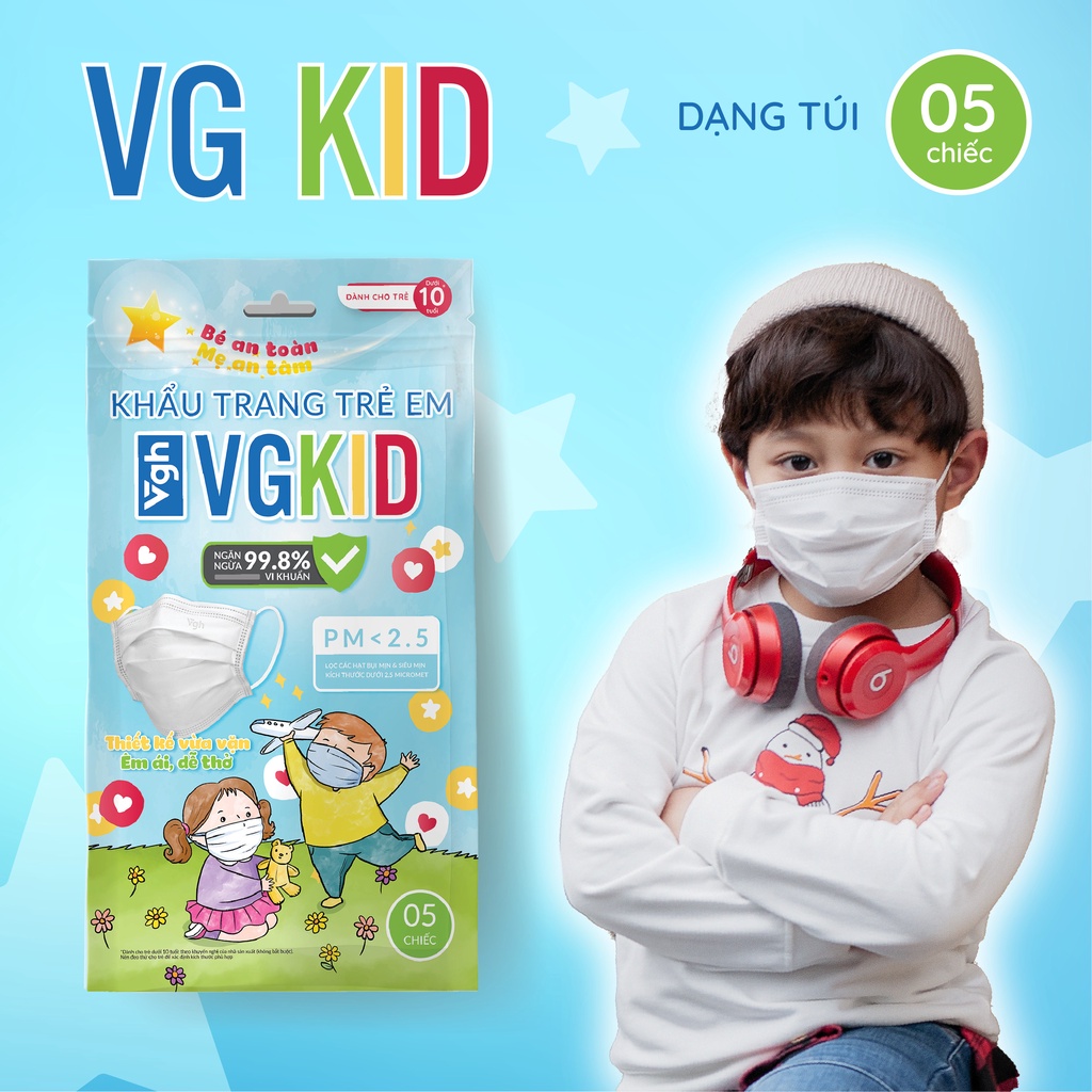 Khẩu trang VG KID túi zip cho bé kháng khuẩn, chống bụi mịn 99,98%, vừa vặn-Chính hãng VG Healthcare-Túi  5 chiếc