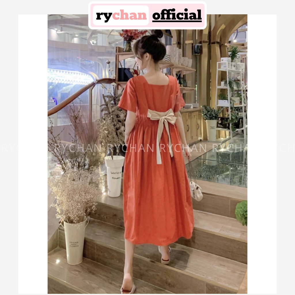 Đầm Xòe Cam Cổ Vuông Nhún Eo Nơ Sau - DX864
