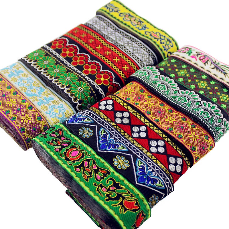 Dây Ruy Băng Vải Cotton Phối Ren Thêu Họa Tiết Thổ Cẩm Làm Đồ Thủ Công Rộng 3.3cm 5Yards