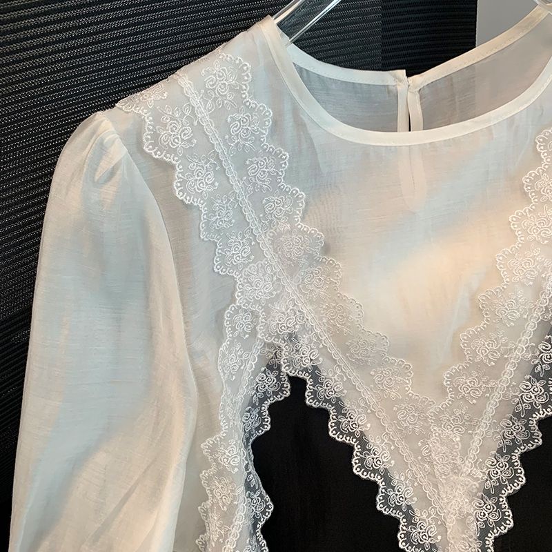 Áo Chiffon Tay Ngắn Phối Ren Phong Cách Pháp Thời Trang Cho Nữ