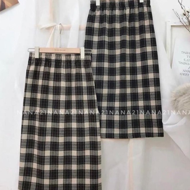 Chân váy dạ kẻ dáng dài Ulzzang, Chân váy dài dạ kẻ caro 2 màu đen nâu Quảng Châu form đẹp, chất mịn