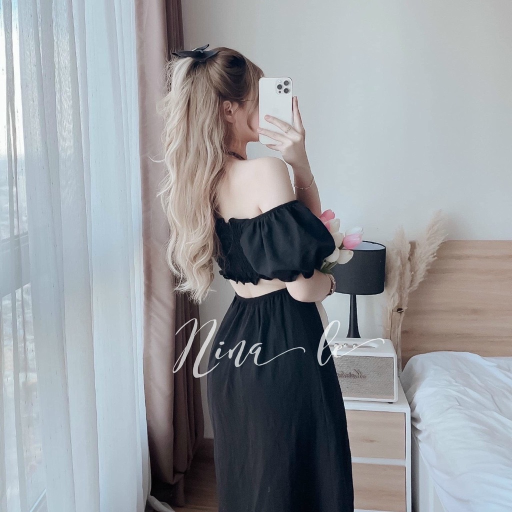 Đầm váy nữ maxi màu đen dáng thân dài xẻ tà điệu đà cổ yếm mang được 2 kiểu xinh
