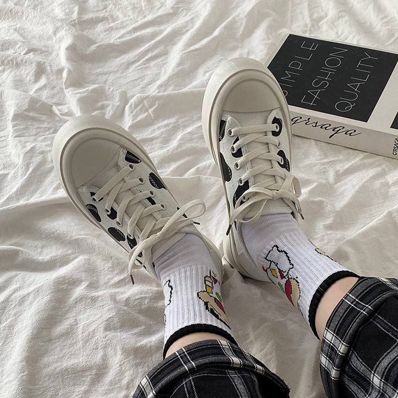 Giày thể thao nữ Ulzzang bò sữa đế bánh mì bata đen trắng độn đế vải canvas vintage conver cute