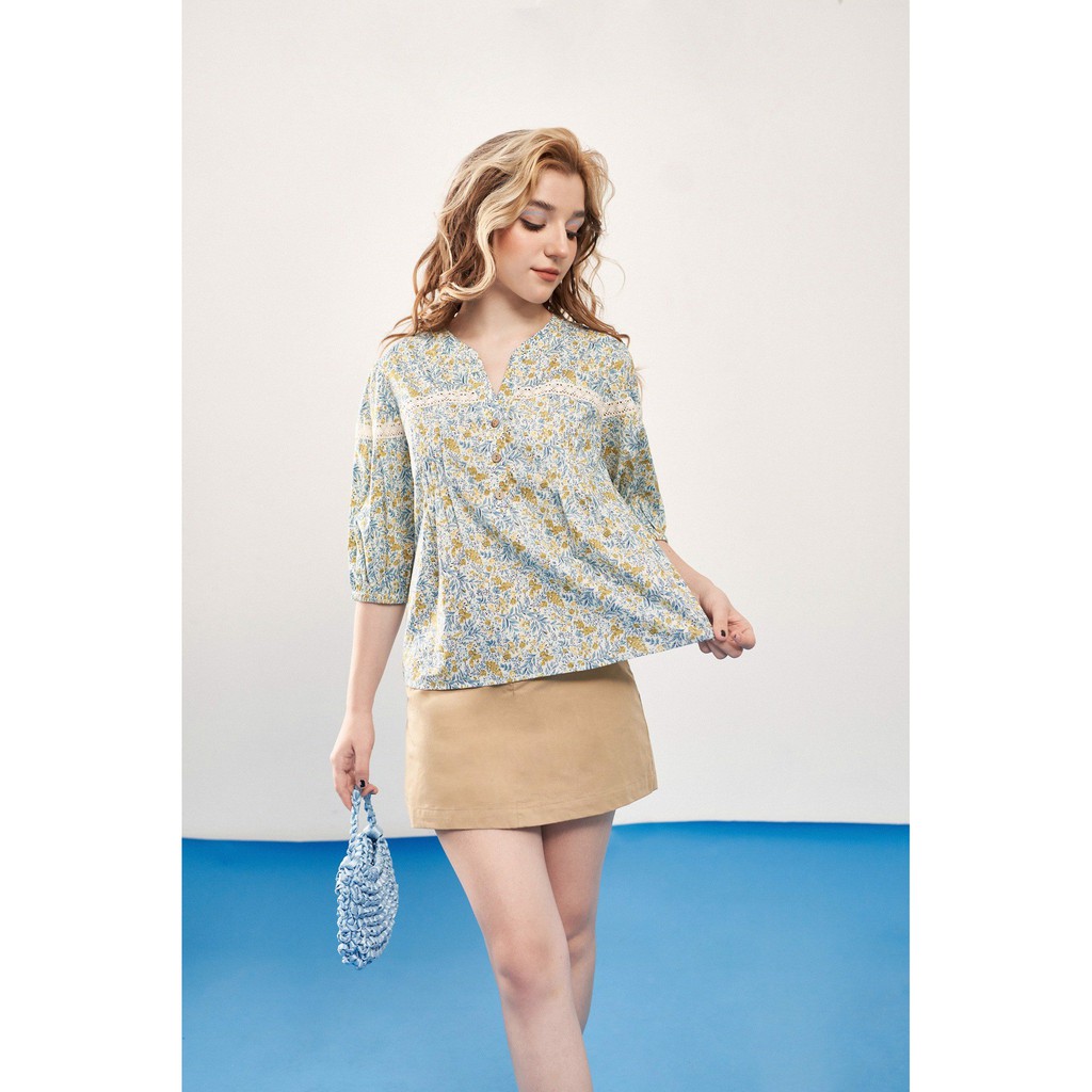 Áo sơ mi hoa dây xanh phối ren 1AO1087 ADORE DRESS